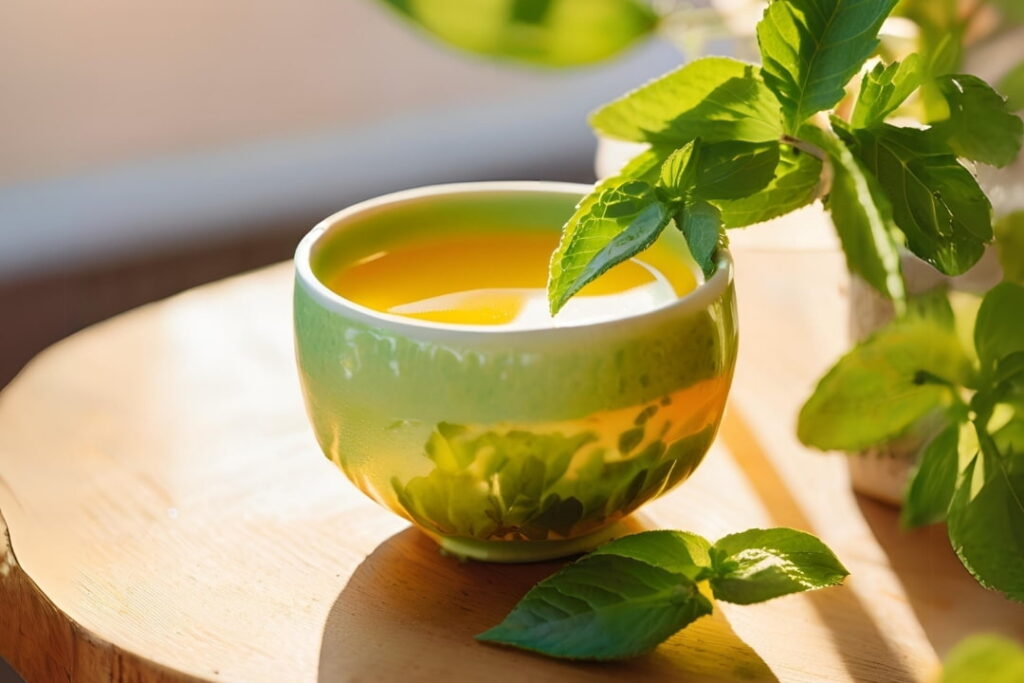 Bebida de té verde con cúrcuma en una taza de cerámica
