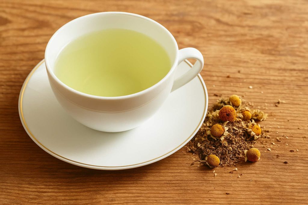 Taza de infusión de manzanilla con flores secas en una mesa de madera
