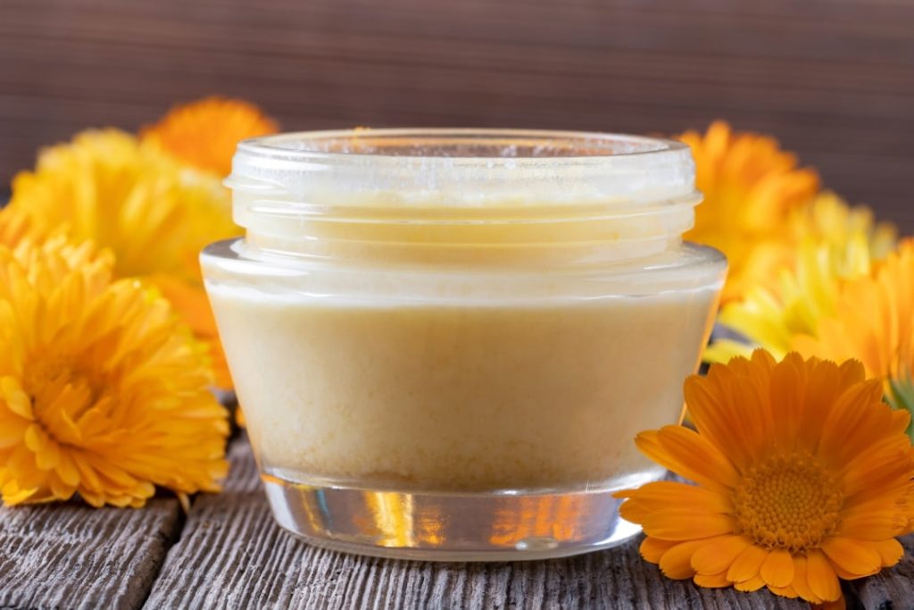 Frasco de ungüento de caléndula con flores frescas alrededor
